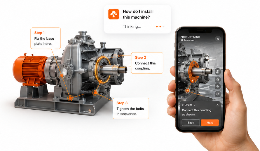 Product Mind AR assistant guiding an industrial pump installation step by step on a phone