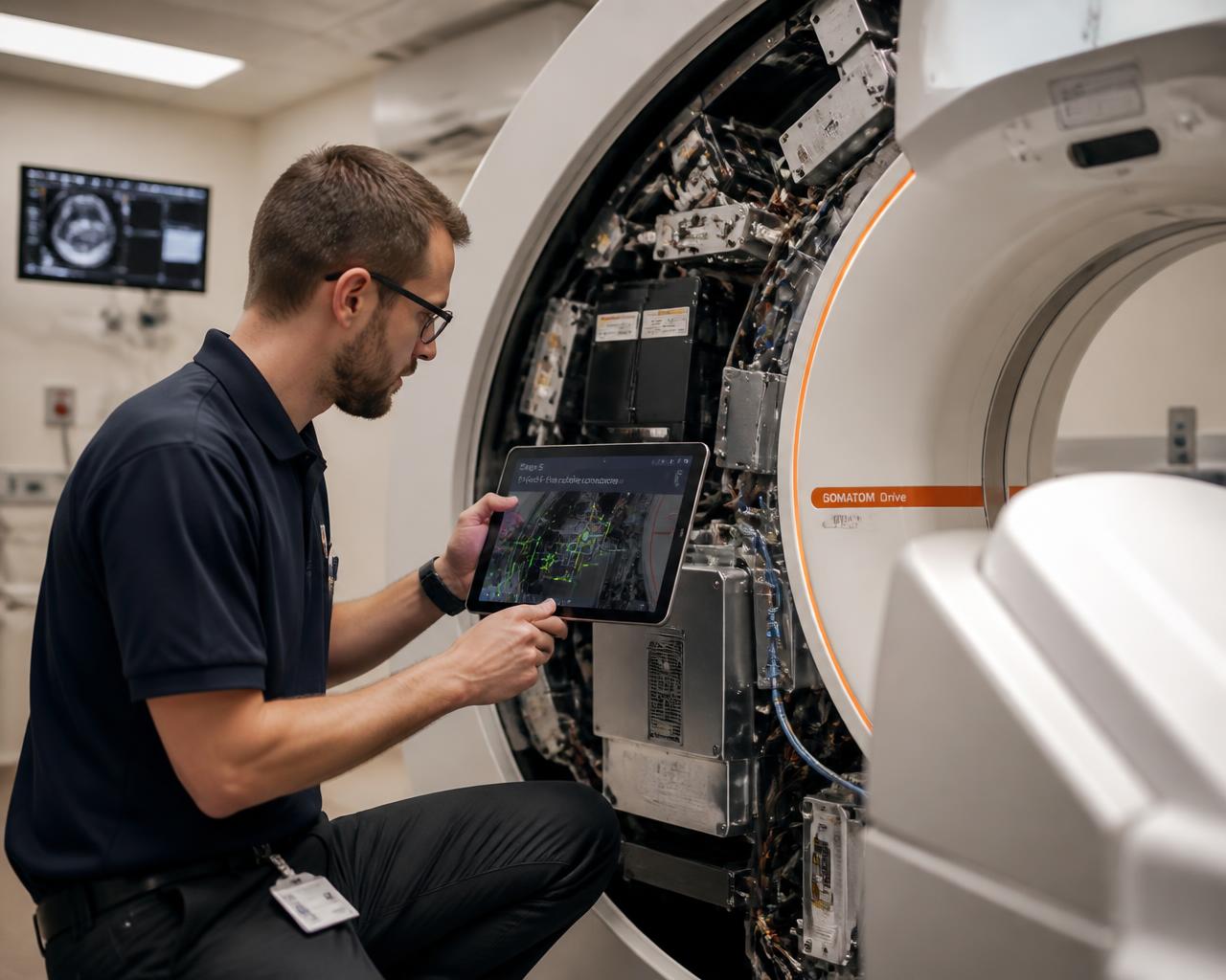 Field technician servicing a medical scanner with AR tablet guidance